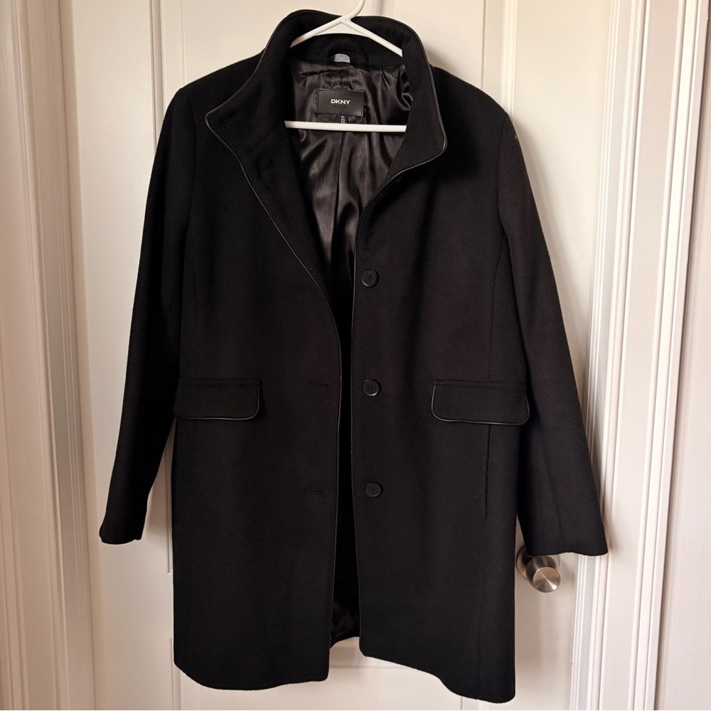 DKNY Leather Trim Wool Peacoat, Size Petite Large